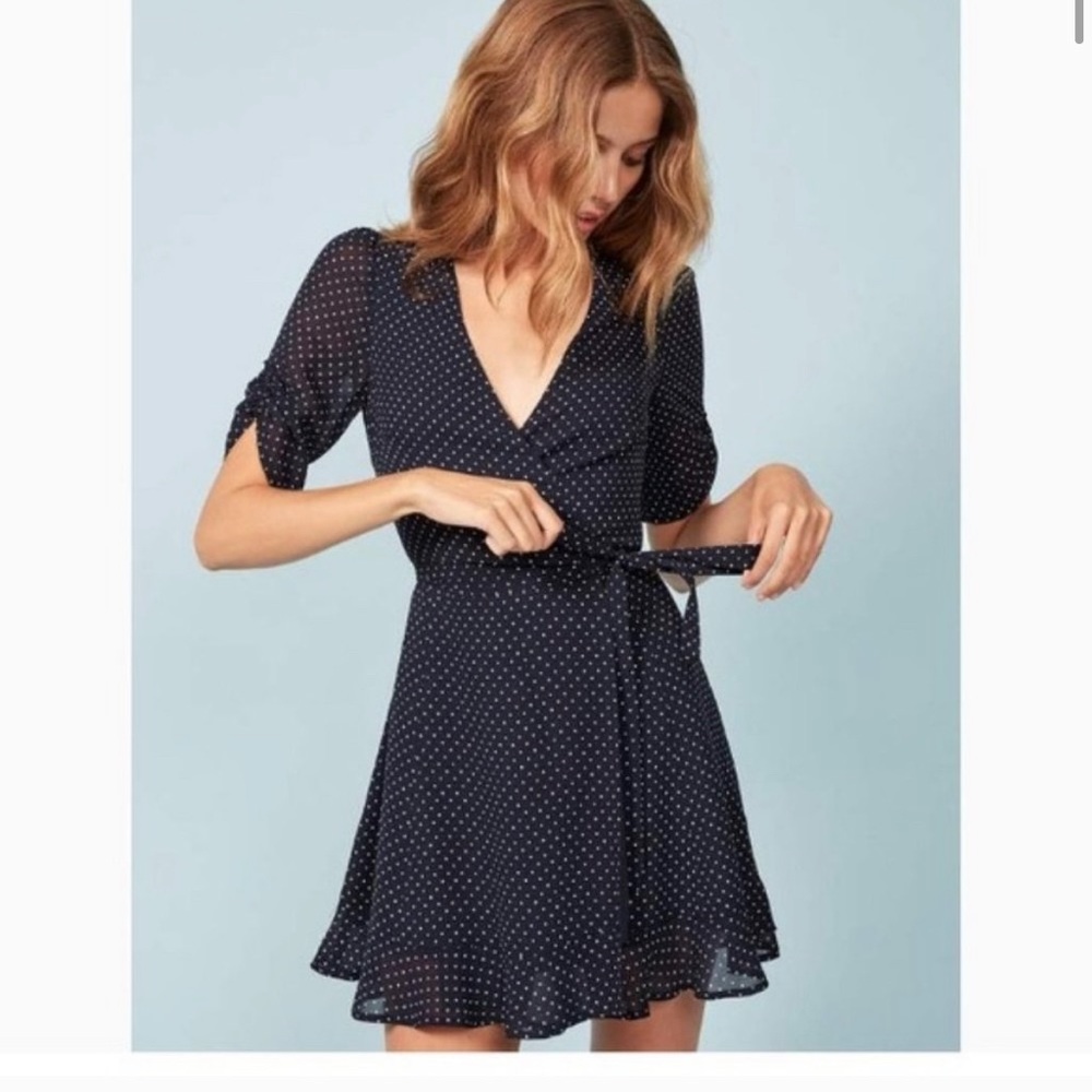 Reformation Monica Polka Dot Wrap Dress blue white